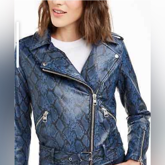 Calvin Klein Jeans Faux Leather Python Print Women's Moto Jacket NWT Indigo - Picture 2 of 8